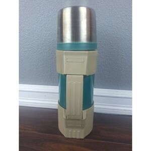 Vintage Rugged Thermos Vacuum Bottle Large Turquoise Tan Plastic Stainless #650